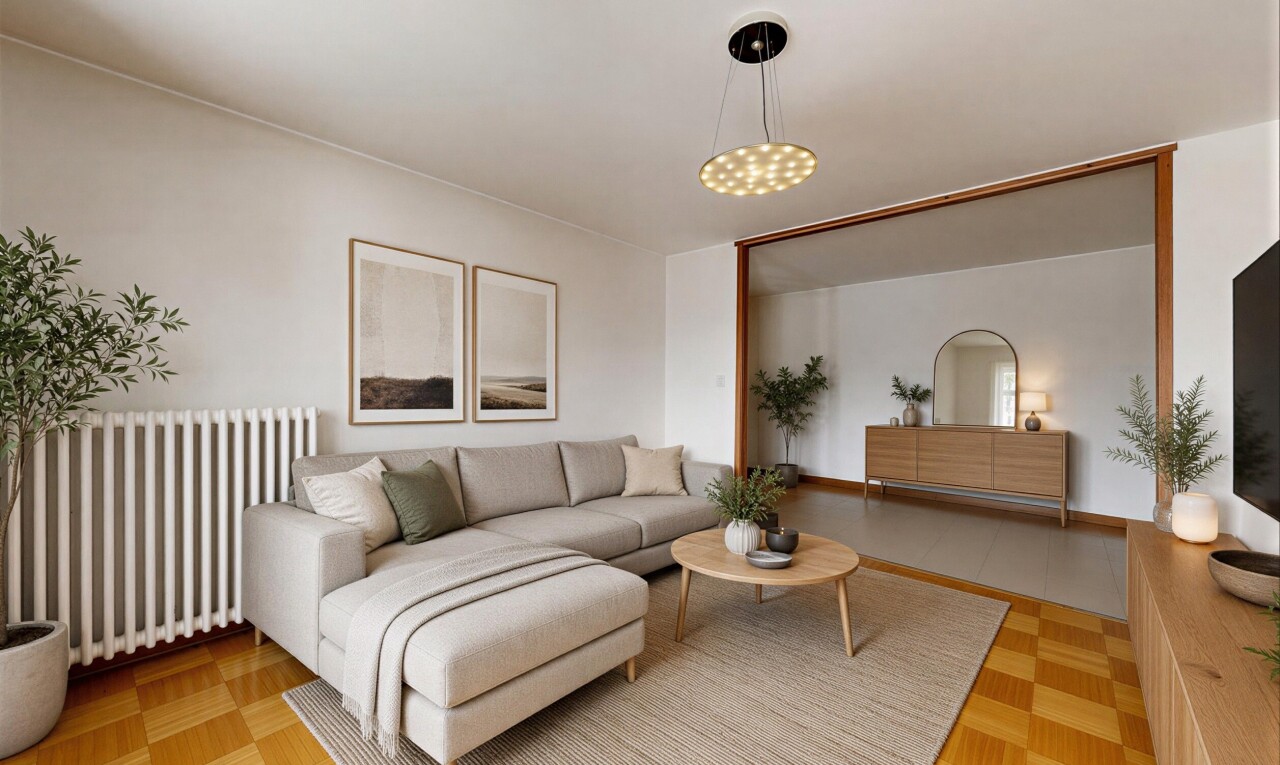 salon avec drywall, cloison sèche, inside property, parquet floor, et wood finish floor