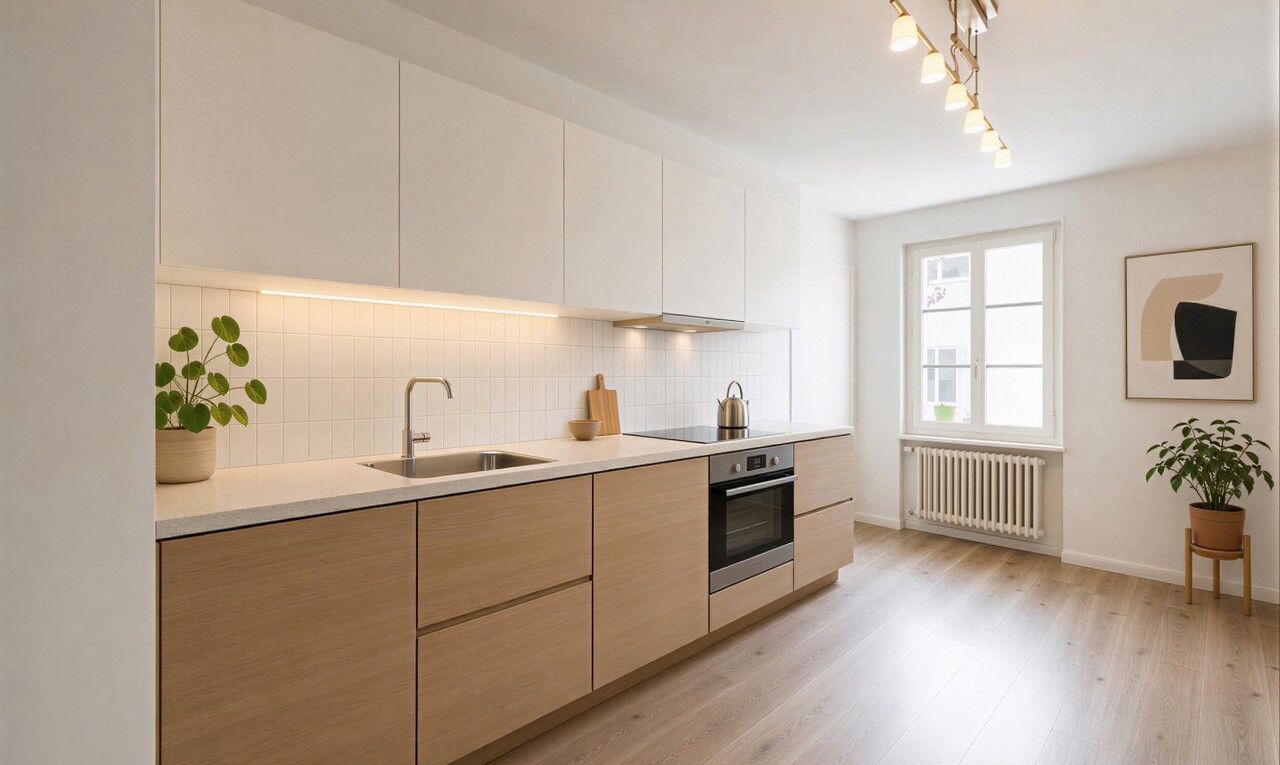 cuisine avec radiateur, dark countertops, plans de travail, lave-linge et sèche-linge, et light floor