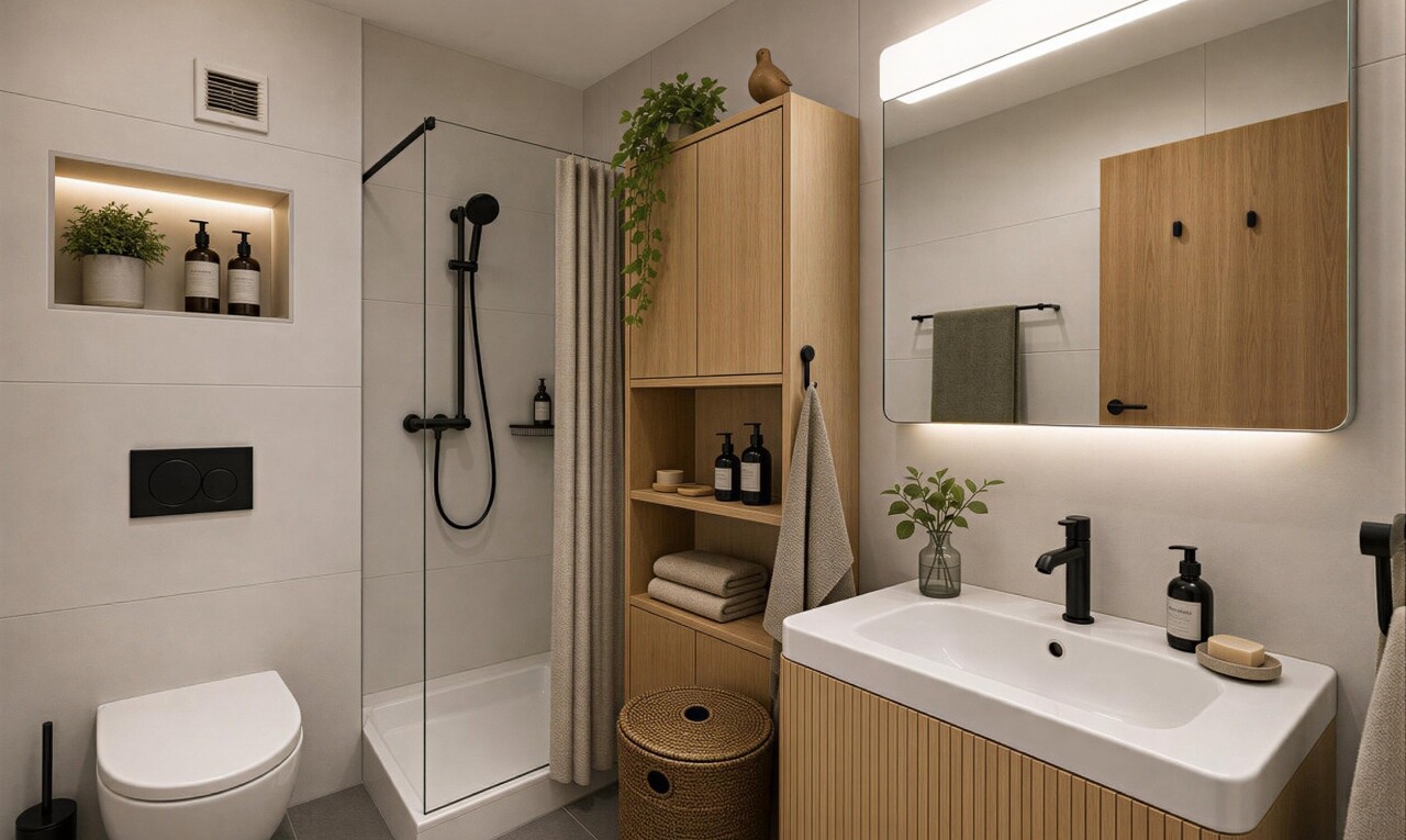 salle de bains avec tile wall, mur en carrelage, inside property, salle de bain complète, et miroir