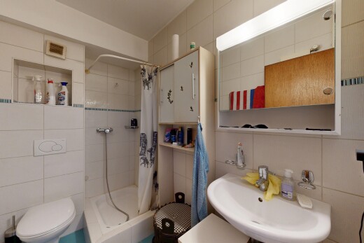 salle de bains avec tile wall, mur en carrelage, inside property, salle de bain complète, et miroir