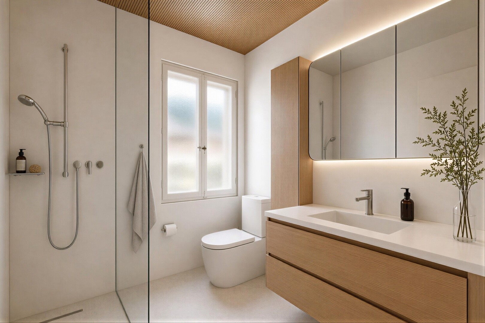 full bathroom featuring tile walls, vanity, a tile shower, and light tile patterned floors