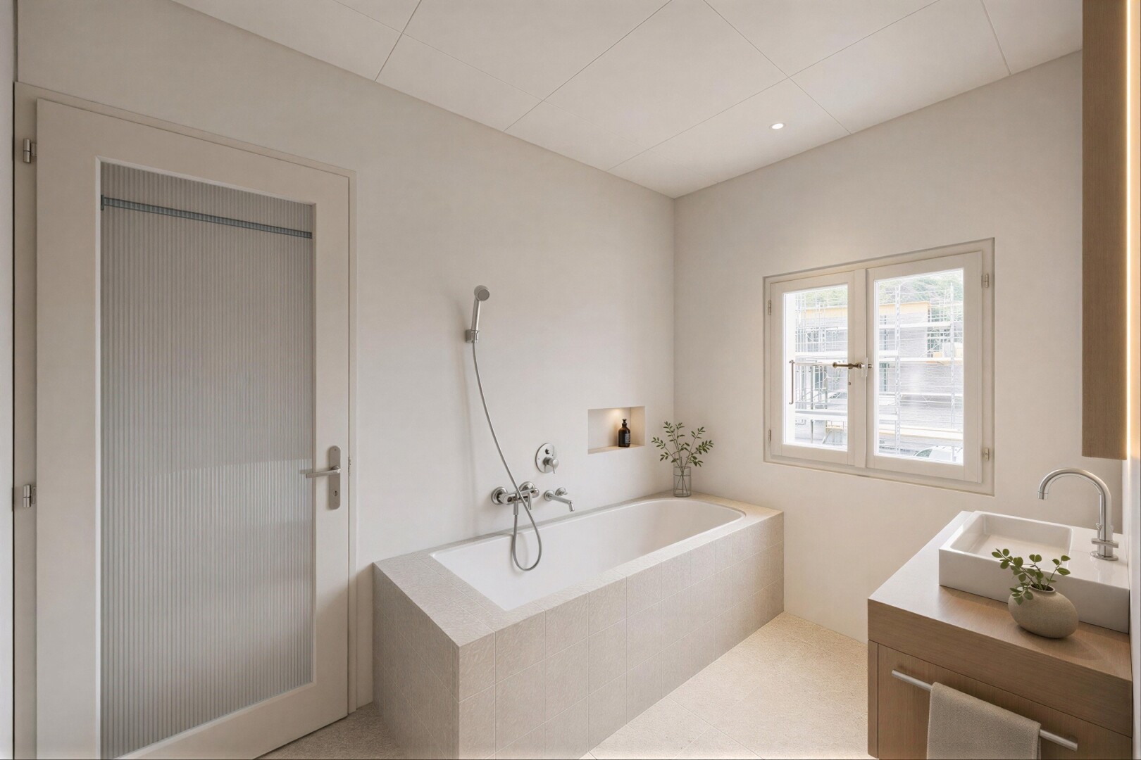 bathroom featuring tile walls, vanity, a garden tub, and light tile patterned floors