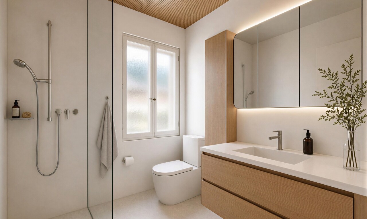 full bathroom featuring tile walls, vanity, a tile shower, and light tile patterned floors