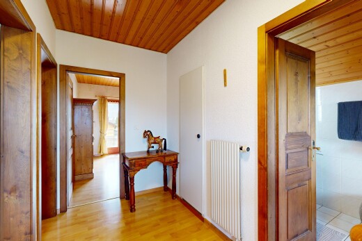 couloir avec plafond en bois, wood ceiling, radiateur, high end ceiling, et cloison sèche