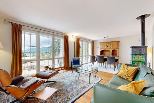 wohn- / esszimmer mit holzofen, holzfußboden, wood finish floor, natürliches licht, und natural light