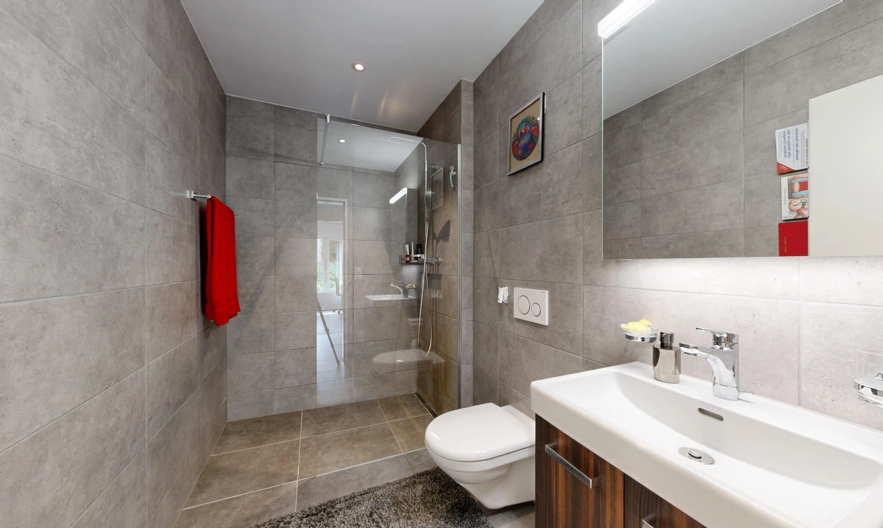 bad mit dusche, komplettes badezimmer, spiegel, schminktisch, und waschbecken