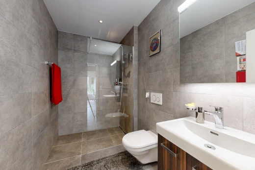bad mit dusche, komplettes badezimmer, spiegel, schminktisch, und waschbecken