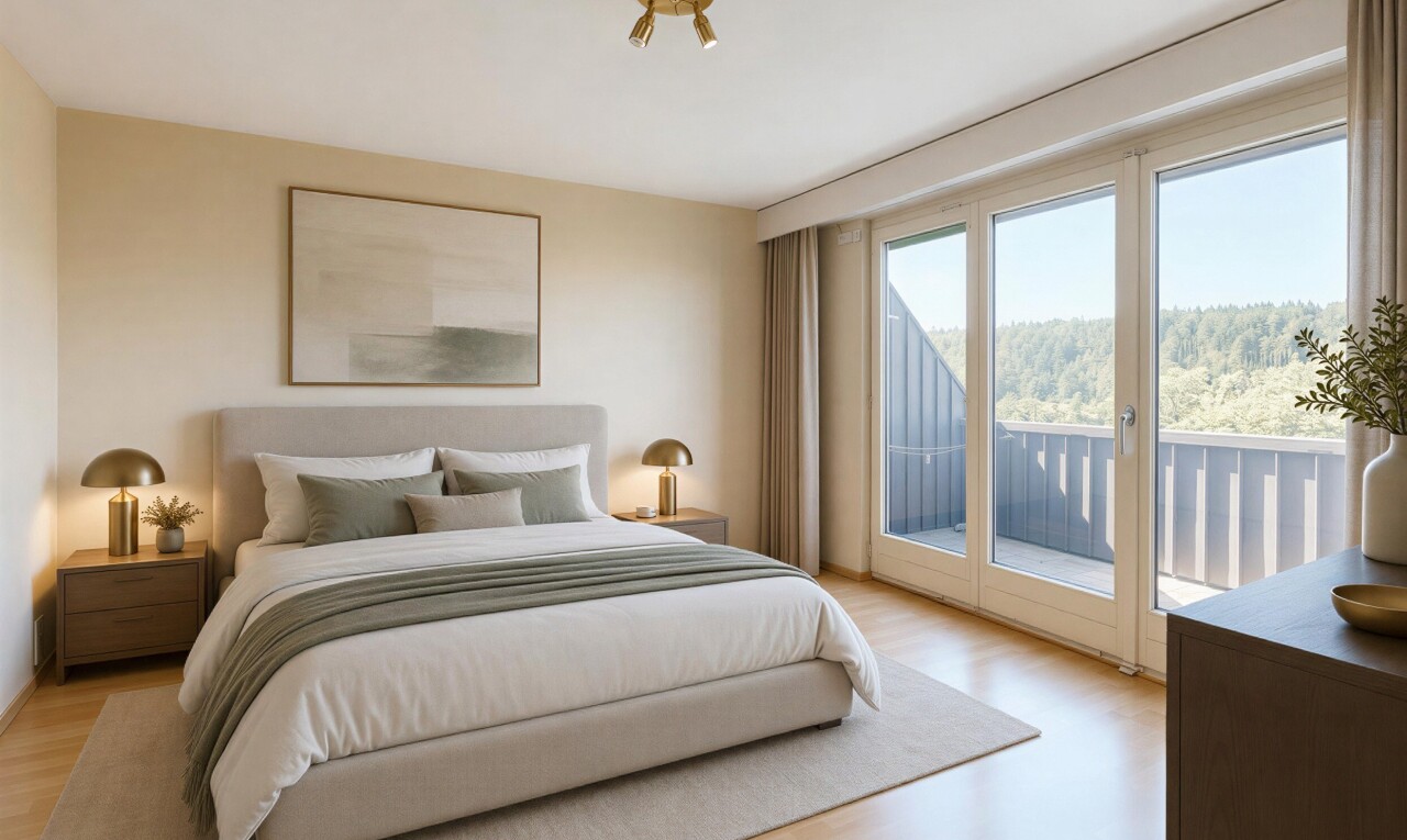 zimmer / schlafzimmer mit außenzugang, wood finish floor, holzfußboden, drywall, und gipskartonwand