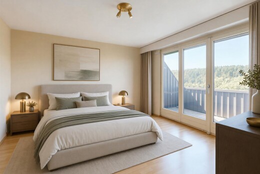 zimmer / schlafzimmer mit außenzugang, wood finish floor, holzfußboden, drywall, und gipskartonwand