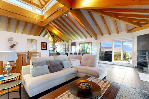 salon avec plafond voûté, vaulted ceiling, lumière naturelle, natural light, et day time