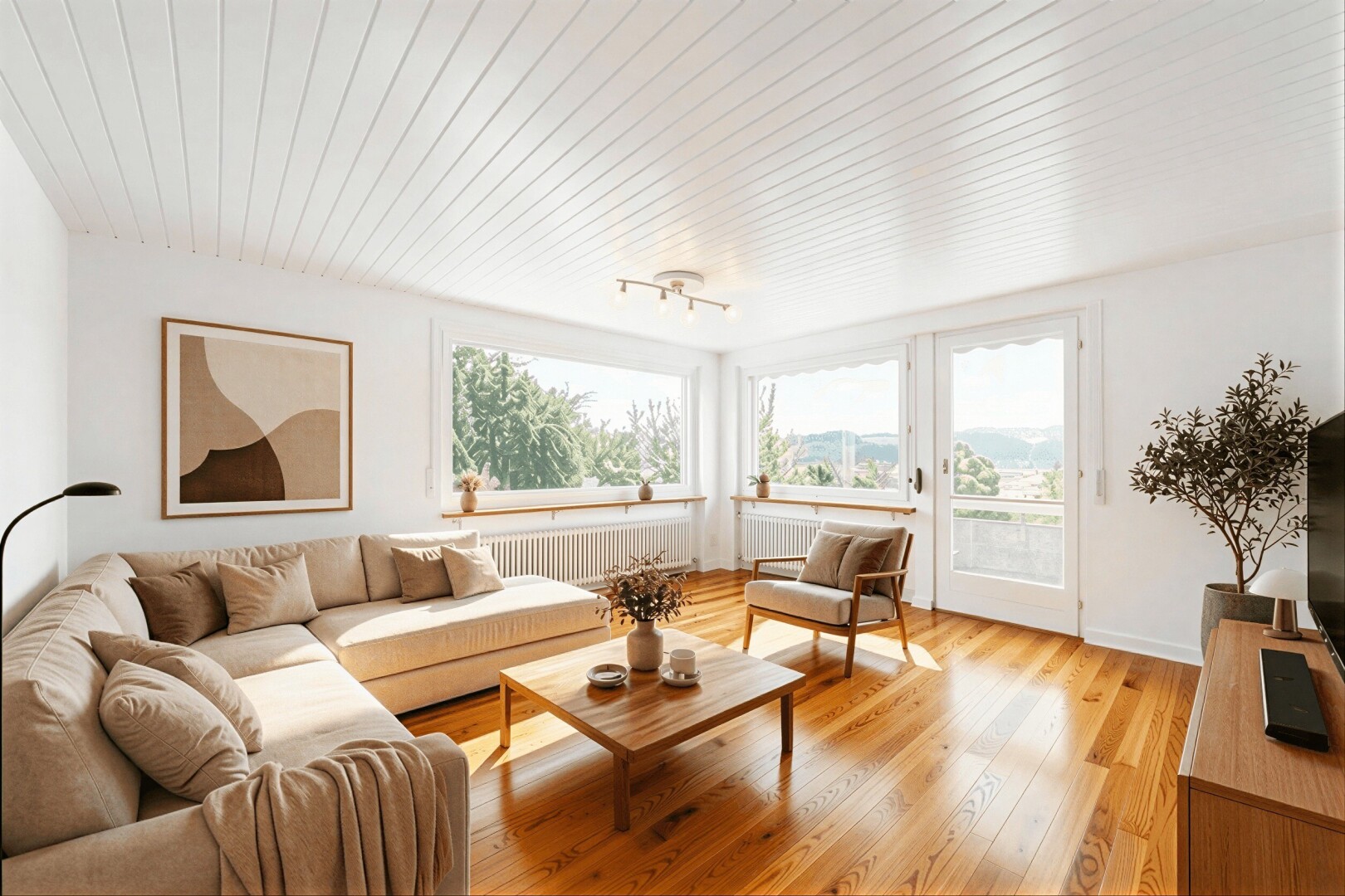 pièce vide avec lumière naturelle, natural light, plafond en bois, wood ceiling, et plinthes murales