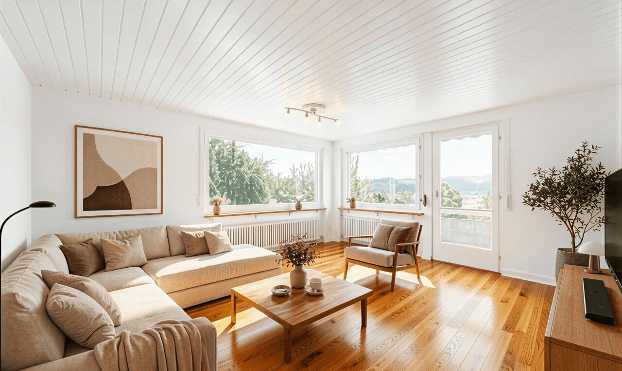 pièce vide avec lumière naturelle, natural light, plafond en bois, wood ceiling, et plinthes murales