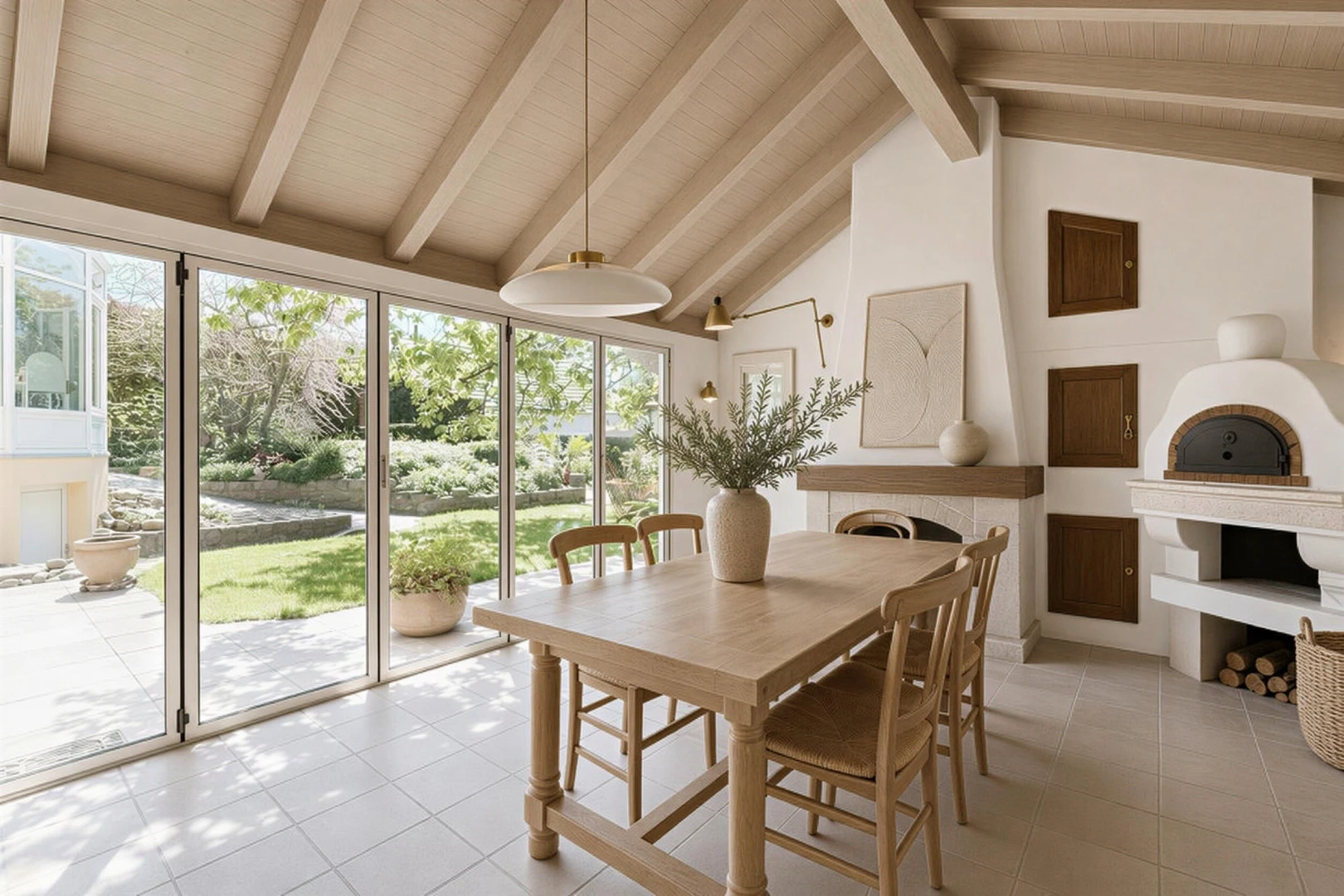 salle à manger avec cheminée, plafond en bois, wood ceiling, plafond à poutres, et beamed ceiling