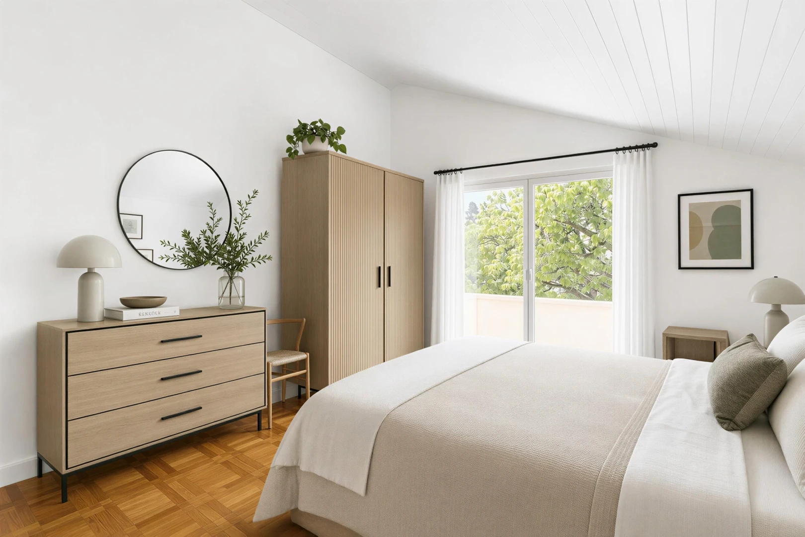 chambre avec plafond voûté, vaulted ceiling, accès à l'extérieur, inside property, et lumière naturelle