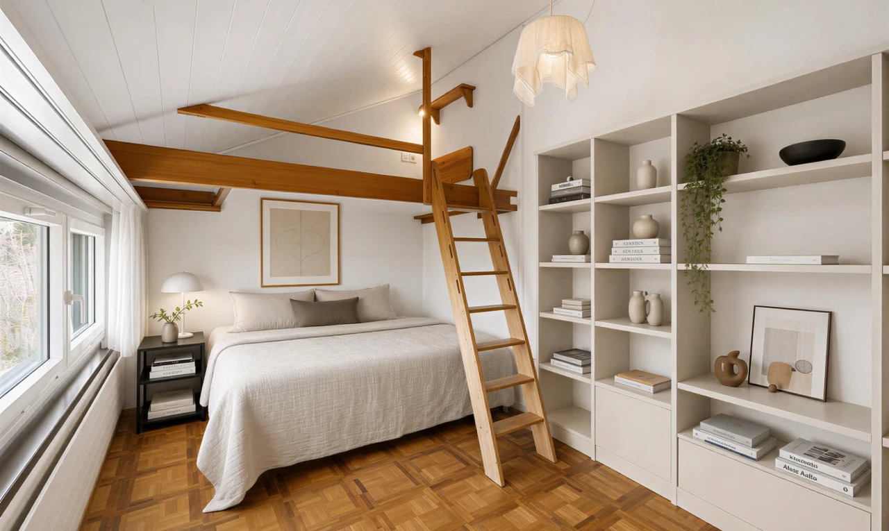 chambre avec inside property, parquet floor, cloison sèche, drywall, et plafond voûté
