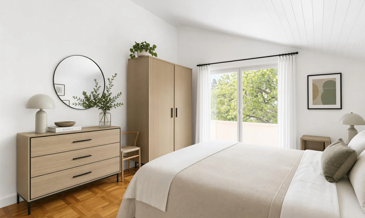 chambre avec plafond voûté, vaulted ceiling, accès à l'extérieur, inside property, et lumière naturelle
