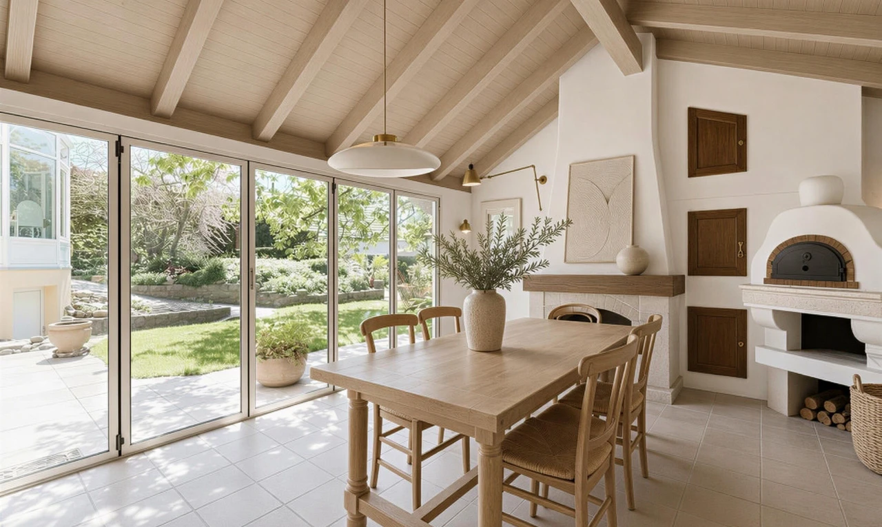 salle à manger avec cheminée, plafond en bois, wood ceiling, plafond à poutres, et beamed ceiling