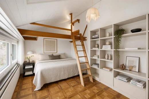 chambre avec inside property, parquet floor, cloison sèche, drywall, et plafond voûté