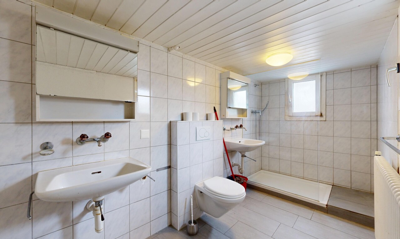 bad mit spiegel, tile wall, fliesenwand, dusche, und natural light