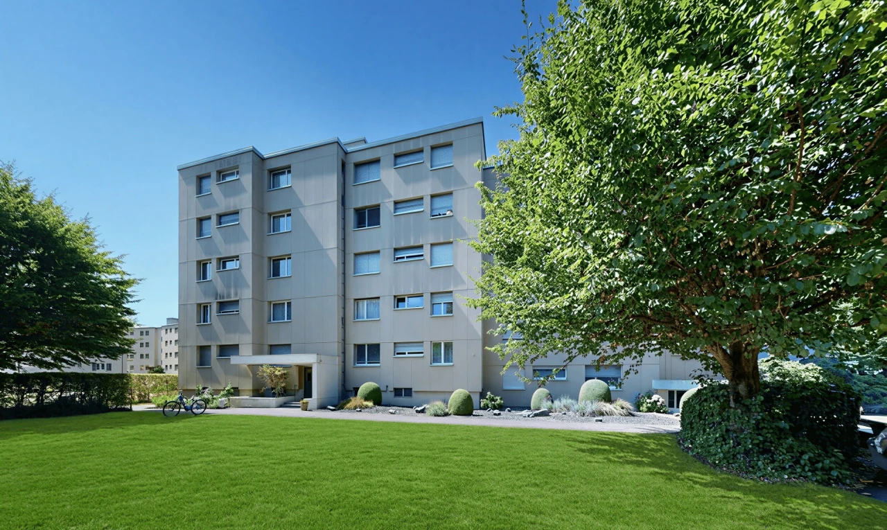 außenansicht mit rendered, day time, apartment complex view, blick auf wohnanlage, und from community