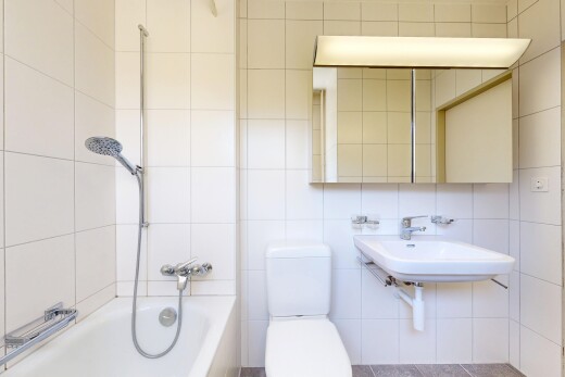 bad mit spiegel, komplettes badezimmer, toilette, kombiniertes bad / dusche, und waschbecken