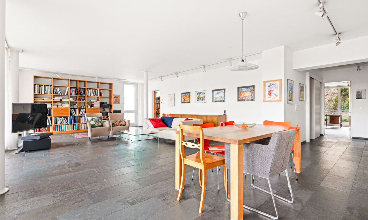 salon / salle à manger avec éclairage sur rail, track lighting, inside property, télévision, et lumière naturelle