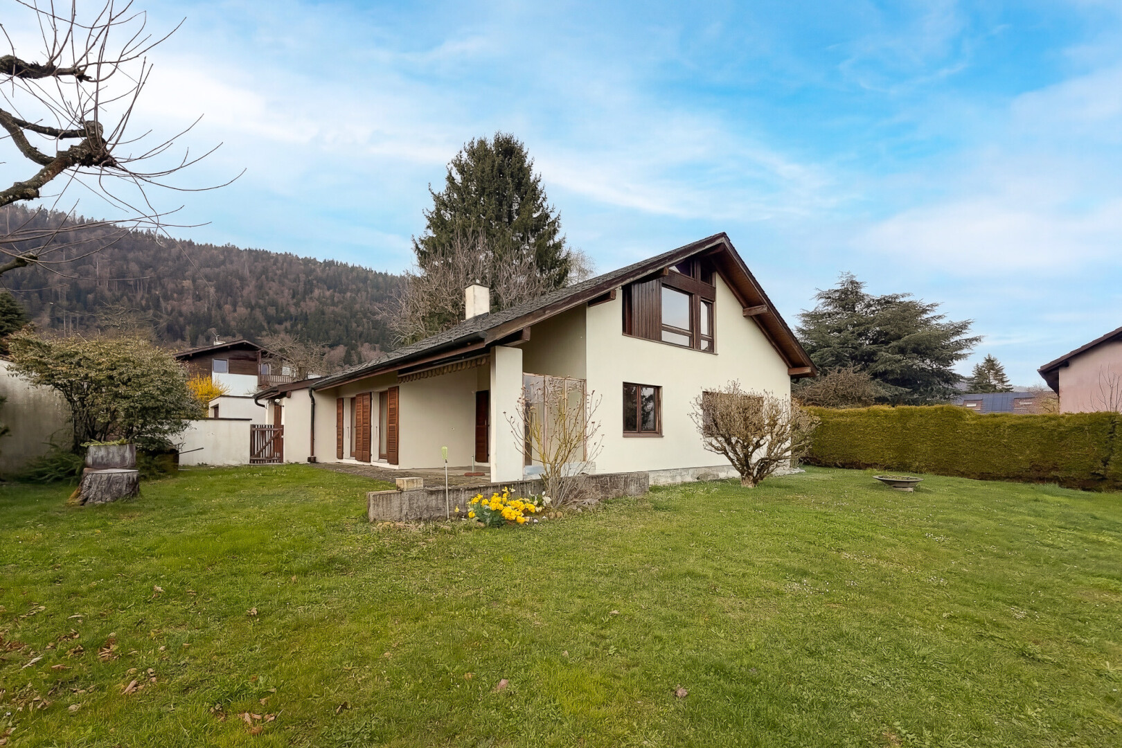 façade avec from property, pelouse, cheminée, bardage en stuc, et day time