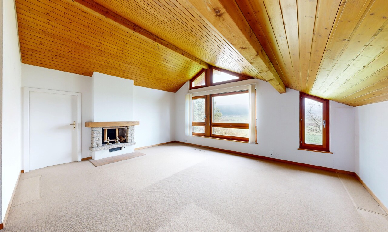 pièce vide avec cloison sèche, drywall, inside property, cheminée, et plafond en bois
