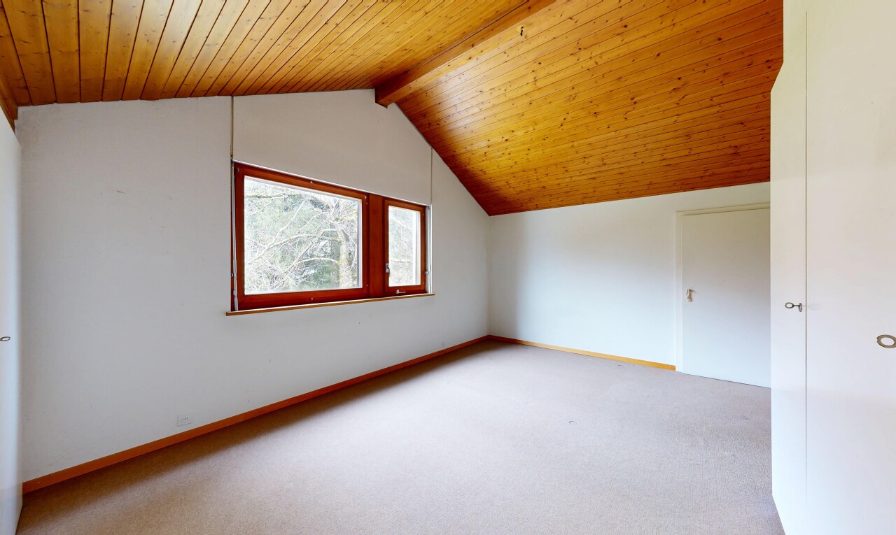 pièce vide avec moquette, carpet, plafond voûté, vaulted ceiling, et plafond en bois