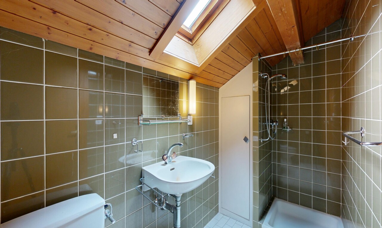 salle de bains avec tile wall, mur en carrelage, vaulted ceiling, plafond voûté, et douche