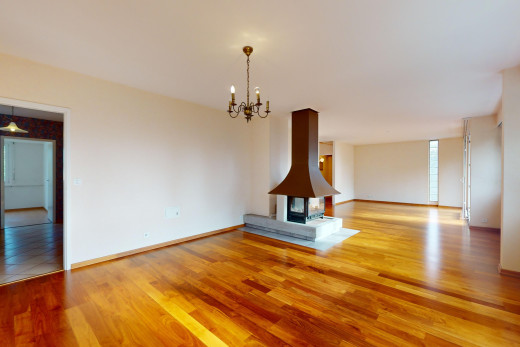 leerer raum mit parkettboden, bemerkenswerter kronleuchter, und kamin