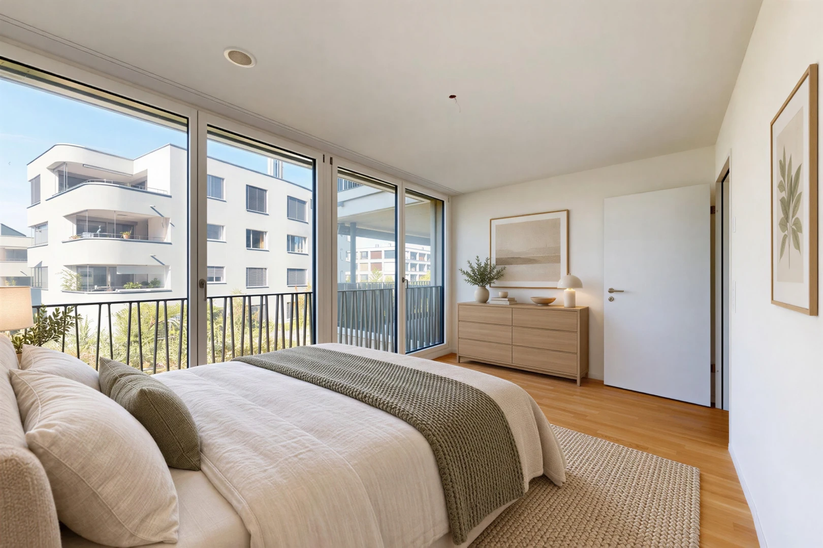 chambre avec accès à l'extérieur, drywall, cloison sèche, wood finish floor, et sol en finition bois