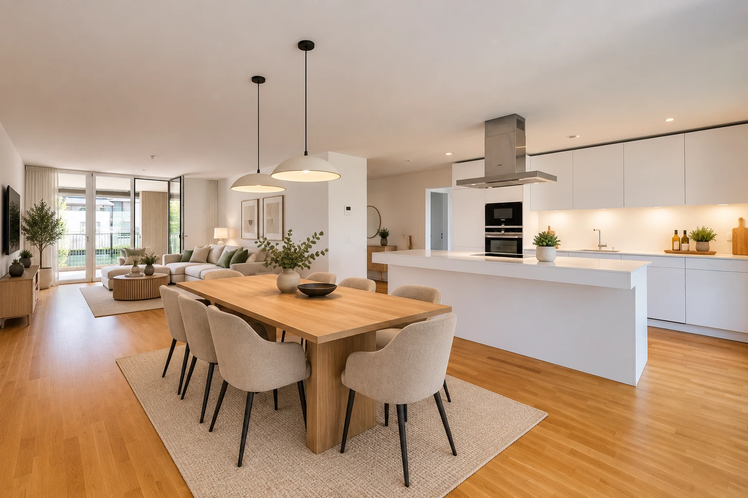 cuisine avec hotte, light countertops, plans de travail, opens to living area, et ouvert sur l'espace de vie