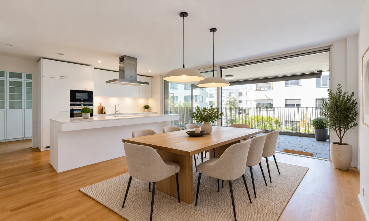 cuisine avec hotte, plans de travail, light countertops, inside property, et éclairage encastré