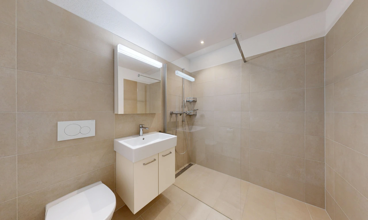 salle de bains avec douche, salle de bain complète, miroir, lavabo (ou coiffeuse selon le contexte), et light floor