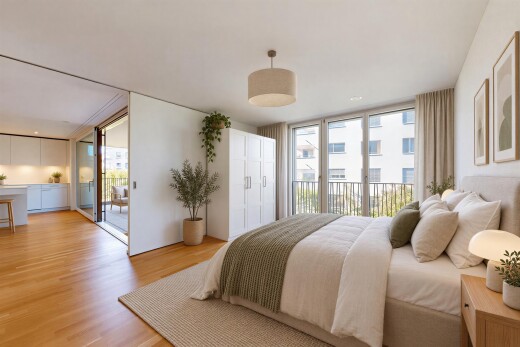 room / bedroom featuring access to exterior, light wood-type flooring, and pendant lighting