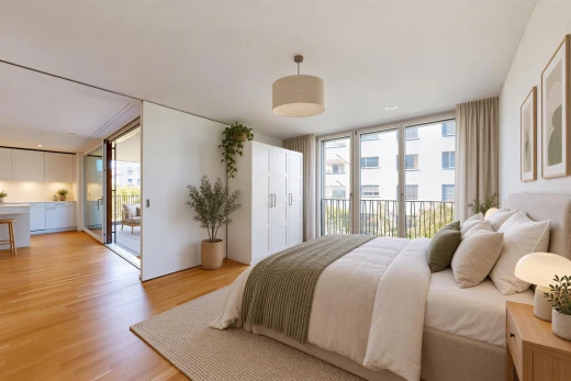 chambre avec accès à l'extérieur, inside property, light floor, éclairage encastré, et sol en finition bois