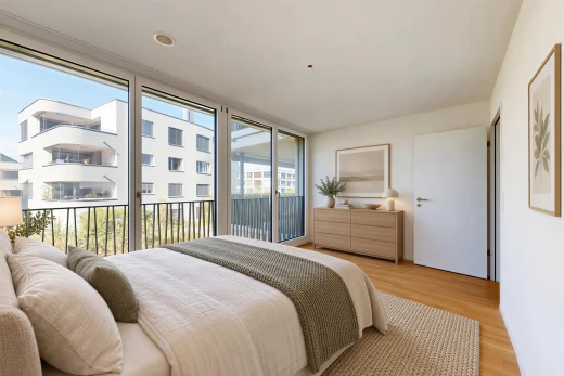 chambre avec accès à l'extérieur, drywall, cloison sèche, wood finish floor, et sol en finition bois