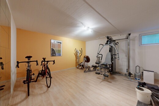fitnessstudio mit keller, holzfußboden, wood finish floor, inside property, und gipskartonwand
