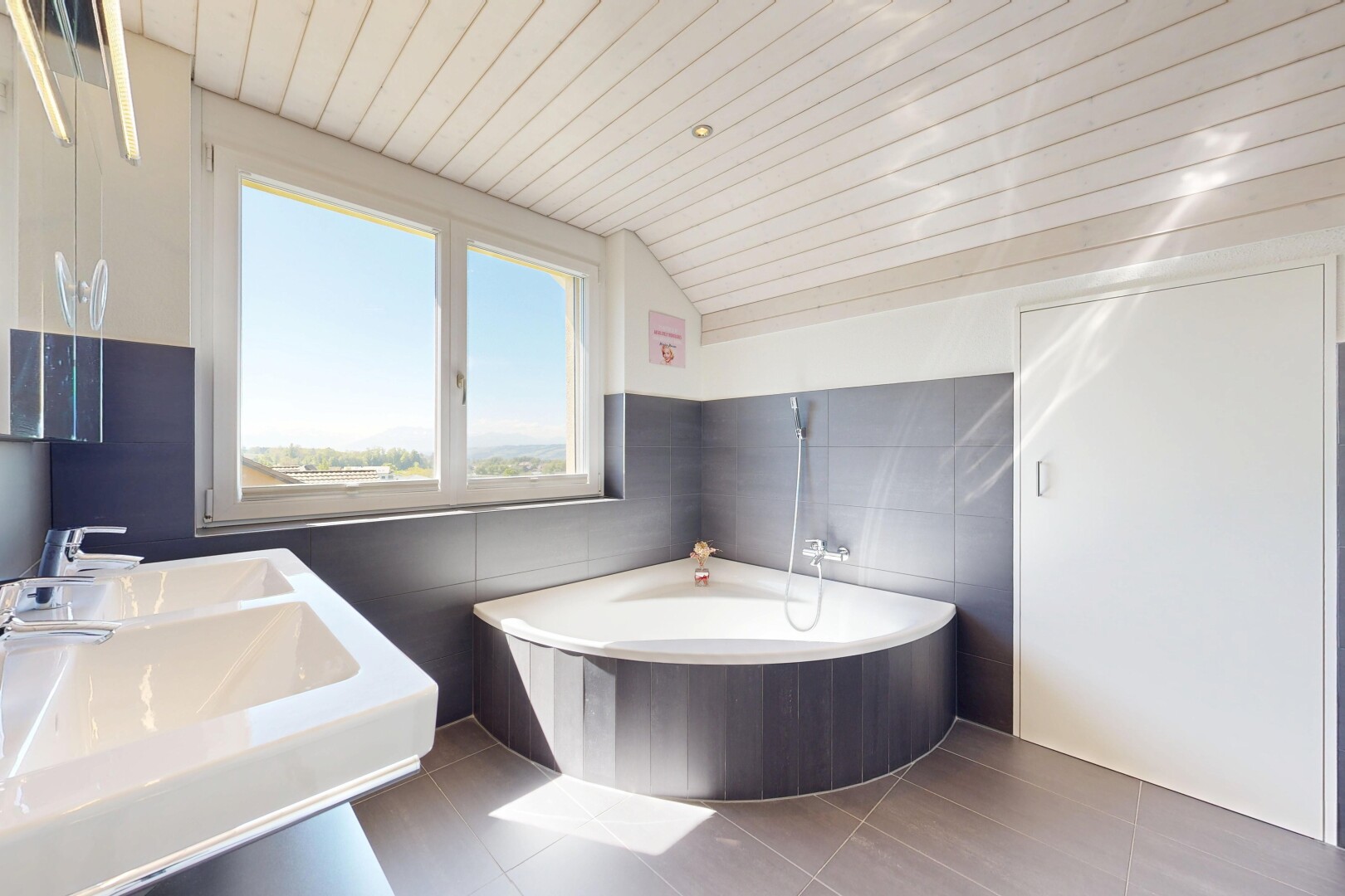 salle de bains avec natural light, lumière naturelle, day time, vaulted ceiling, et plafond voûté