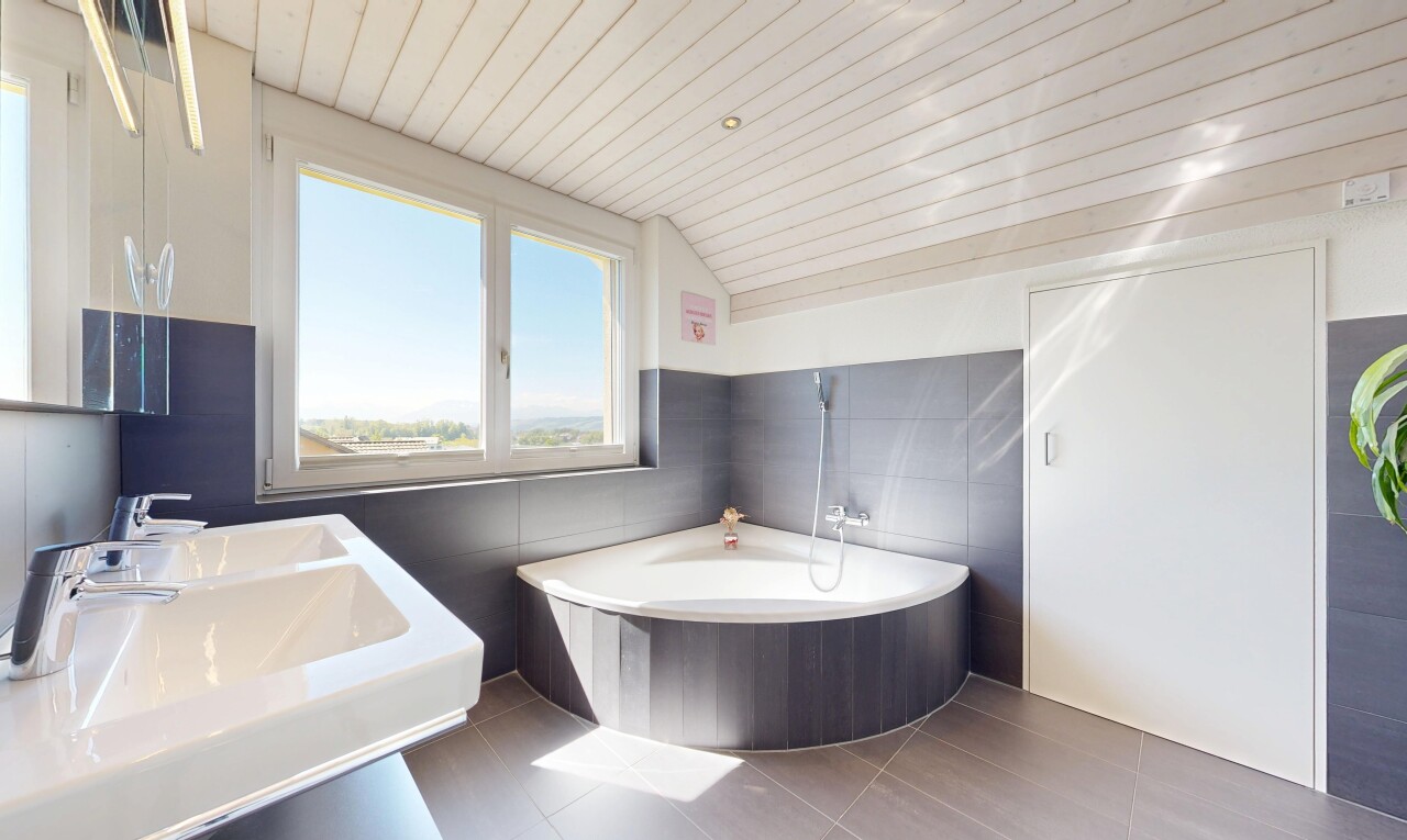salle de bains avec natural light, lumière naturelle, day time, vaulted ceiling, et plafond voûté