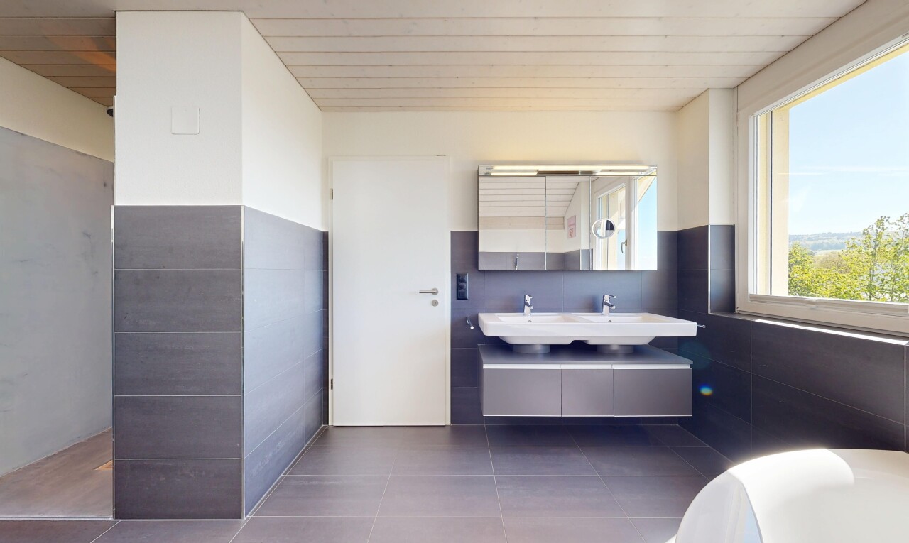 salle de bains avec double vasque, miroir, salle de bain complète, natural light, et lumière naturelle