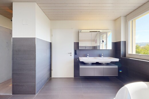 salle de bains avec double vasque, miroir, salle de bain complète, natural light, et lumière naturelle