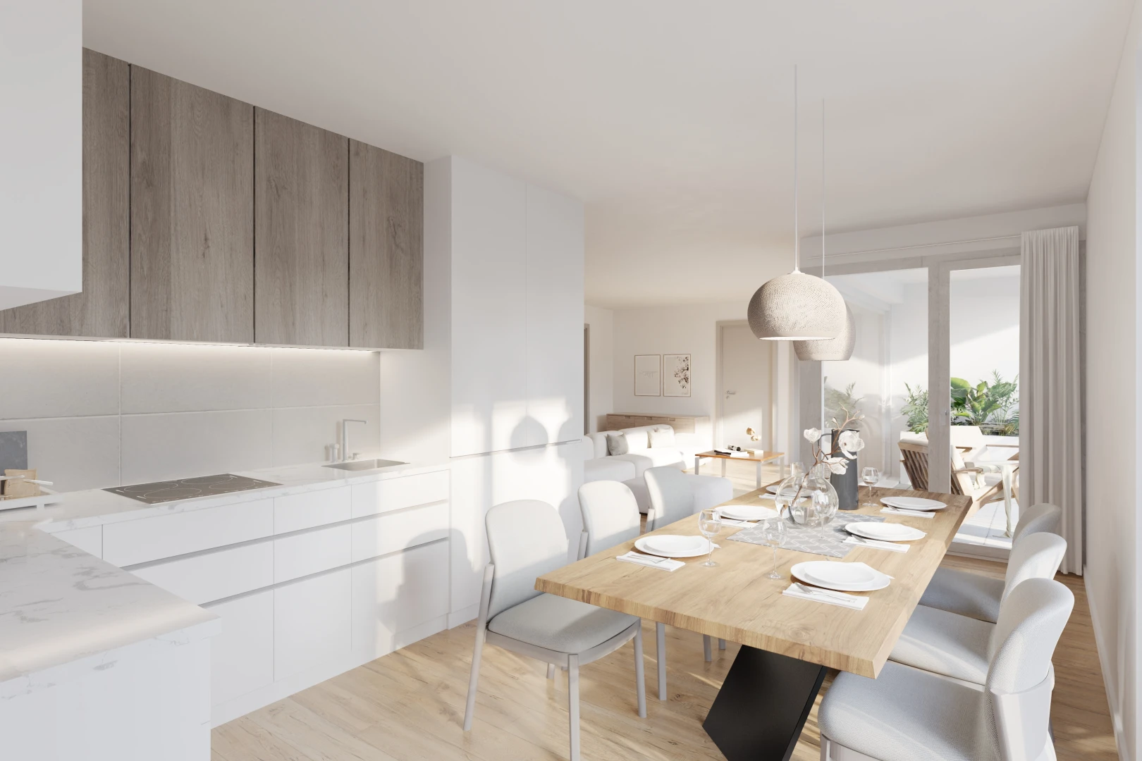 salle à manger avec lumière naturelle, vasque, et plancher de bois