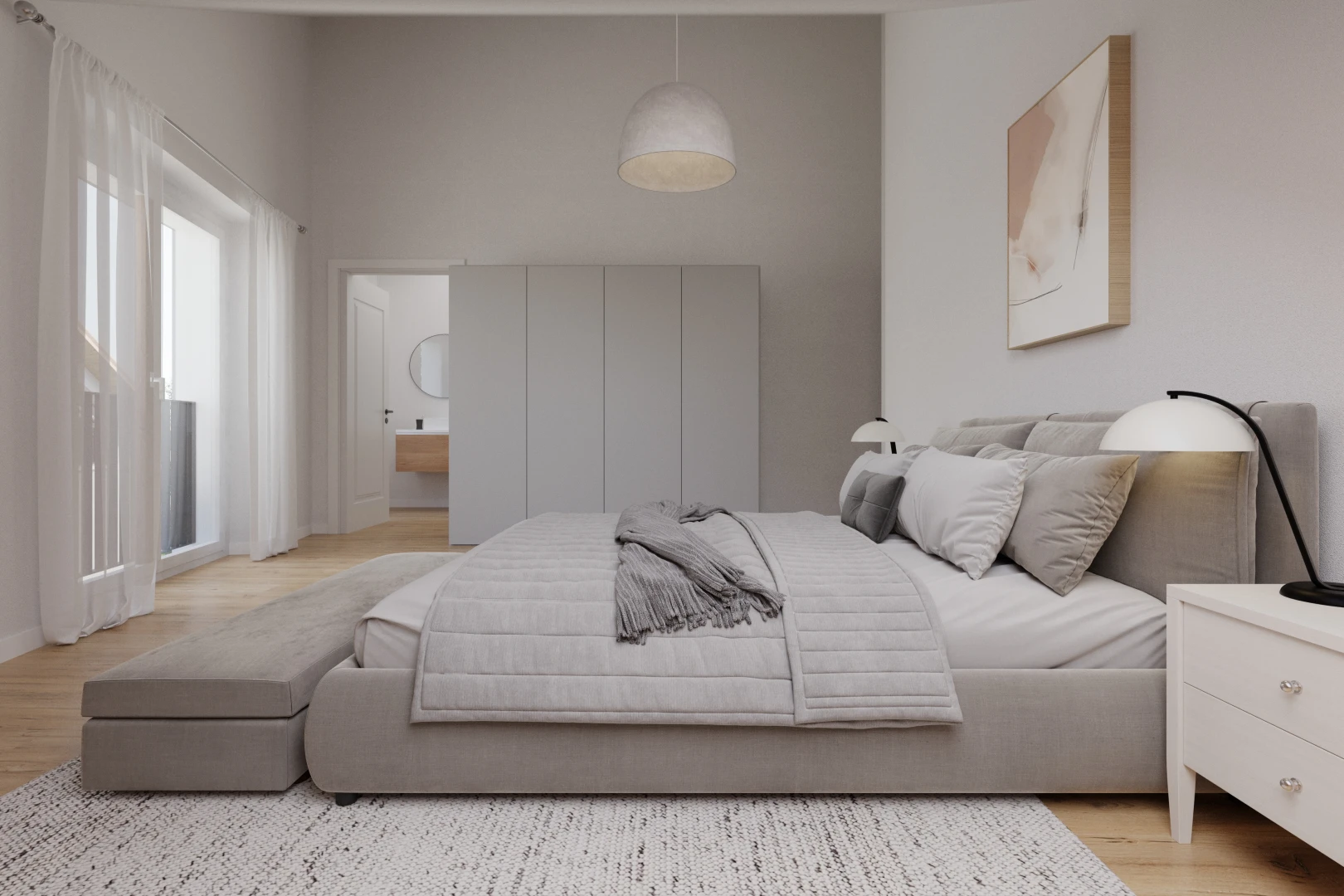chambre avec lumière naturelle, plancher de bois, et salle de bains attenante