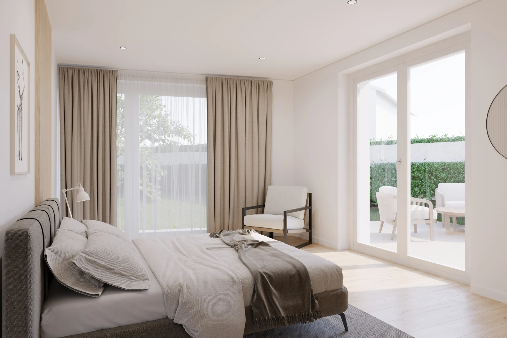 chambre avec accès à l'extérieur, lumière naturelle, et plancher de bois