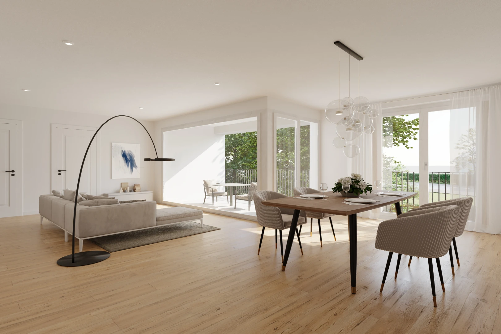 espace intérieur avec lustre, lumière naturelle, et plancher de bois