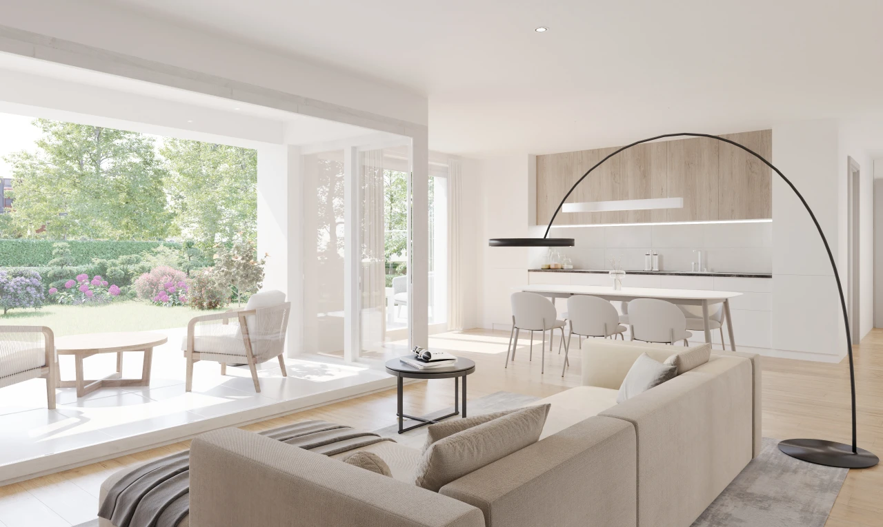 salon / salle à manger avec lumière naturelle et plancher de bois