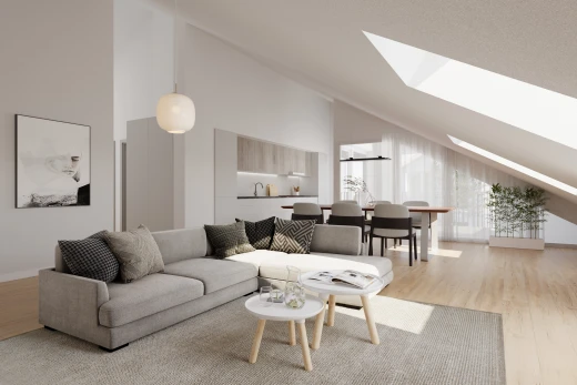 salon / salle à manger avec plafond voûté, plancher de bois, lucarne, et lumière naturelle
