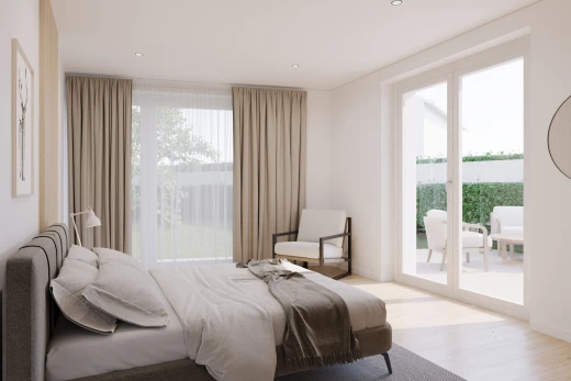 chambre avec accès à l'extérieur, lumière naturelle, et plancher de bois